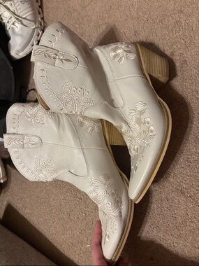 Altar'd State Cream Embroidered Western Ankle Boots